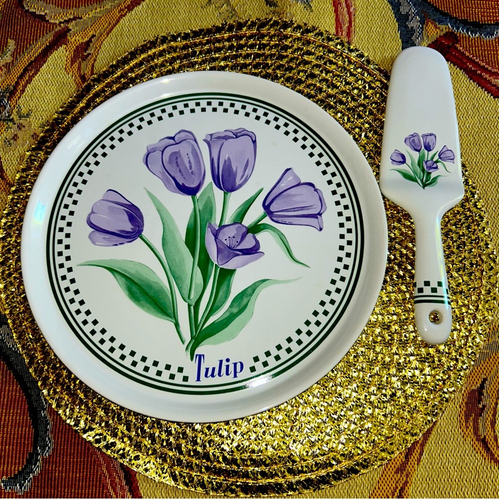 Vintage Garden Classics Purple Floral Tulips Stoneware Cake Plate Server Box SET
